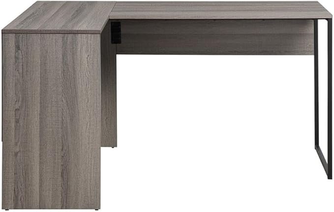 Pemberly Row Modern Lane L-Shape Desk Farm Oak Gray Finish Sturdy Metal Frame 55 W x 35 D x 30 H Accessory Drawer Adjustable Shelf Home Office Desk for Storage and Organization