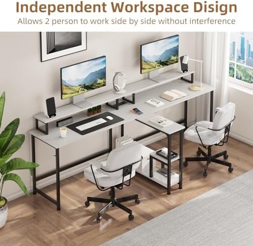 Mexin Double Desk for Two People - 83.7 Inch 2 Person Desk with Storage Shelves and Power Outlets Home Office Desk with Monitor Stand Long Gaming Desk Large Workstation White