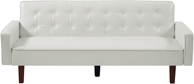 Vegan Leather Sofa Bed Sleeper Couch 74.4 Inch Convertible Loveseat Size for Small Space 3 Seater Chesterfield Button Tufted for Office Apartment Dorm Living Room White