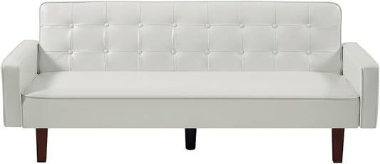 Vegan Leather Sofa Bed Sleeper Couch 74.4 Inch Convertible Loveseat Size for Small Space 3 Seater Chesterfield Button Tufted for Office Apartment Dorm Living Room White