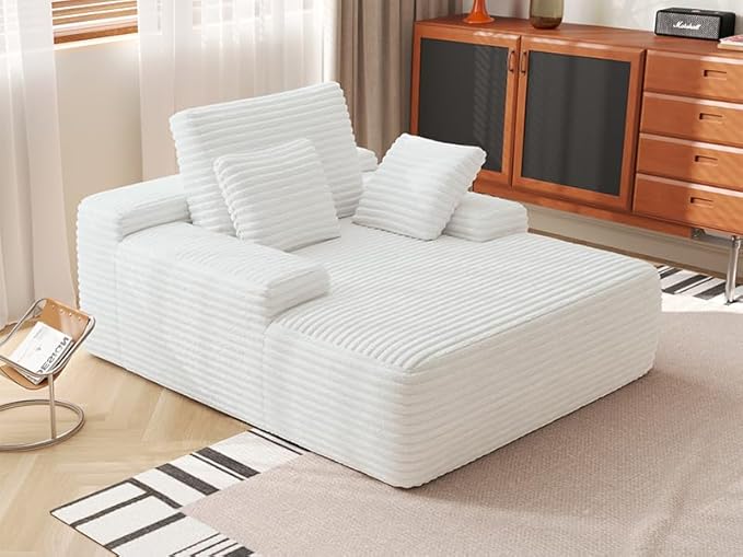 WJShome Oversized Chaise Lounge Chair Indoor Plush Corduroy Boneless Sofa Bed Cloud Reading Chair with Throw Pillow for Living Room (White)