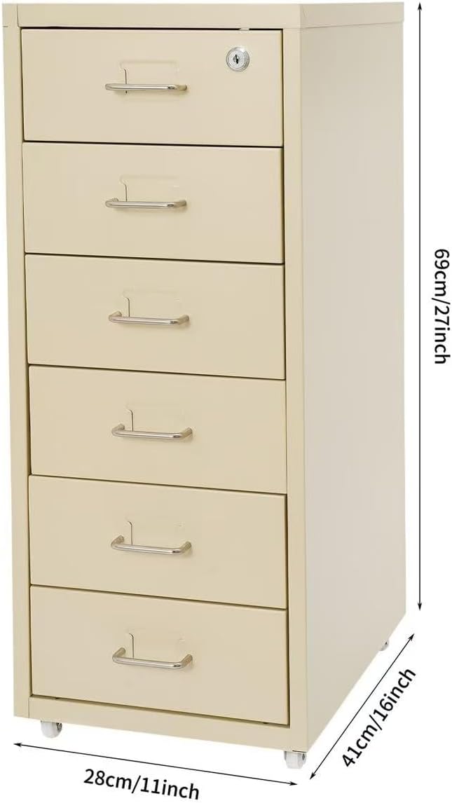 6 Drawer File Cabinet Metal Mobile Office Filing Organizer Vertical Lockable Office Filing Cabinet Heavy-duty Steel File Storage Cabinet with Keys and Wheels for Study Office Living Room (Beige)