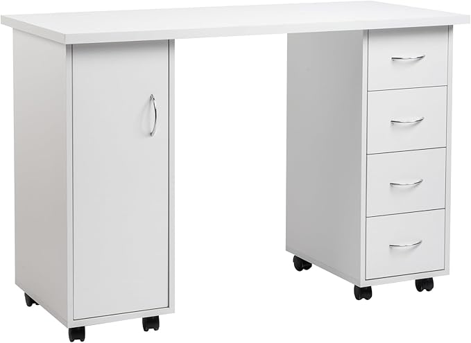 JHshop White Portable Desk with Drawers Mobile Laptop Desk with Wheels Writing TableHome Office Desk with StorageWork Desk for Home OfficeExecutive Table for PC Laptop 120 x 54 x 81CM