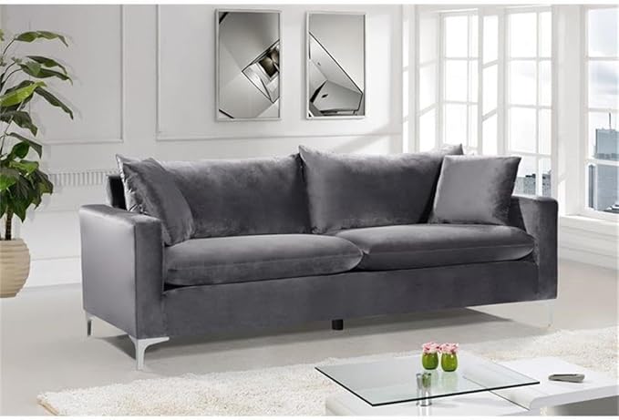 Meridian Furniture Naomi Collection Modern | Contemporary Grey Velvet Upholstered Sofa with Stainless Steel Base in a Rich Gold or Chrome Finish