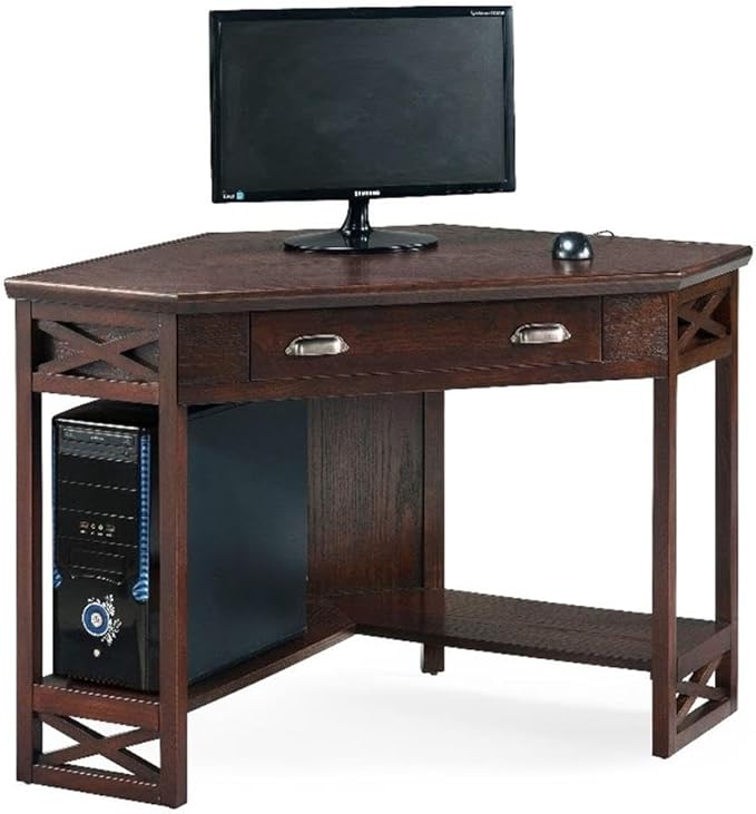 Leick Home 81430 Corner Computer/Writing Desk with Drawer and Shelf Chocolate Oak