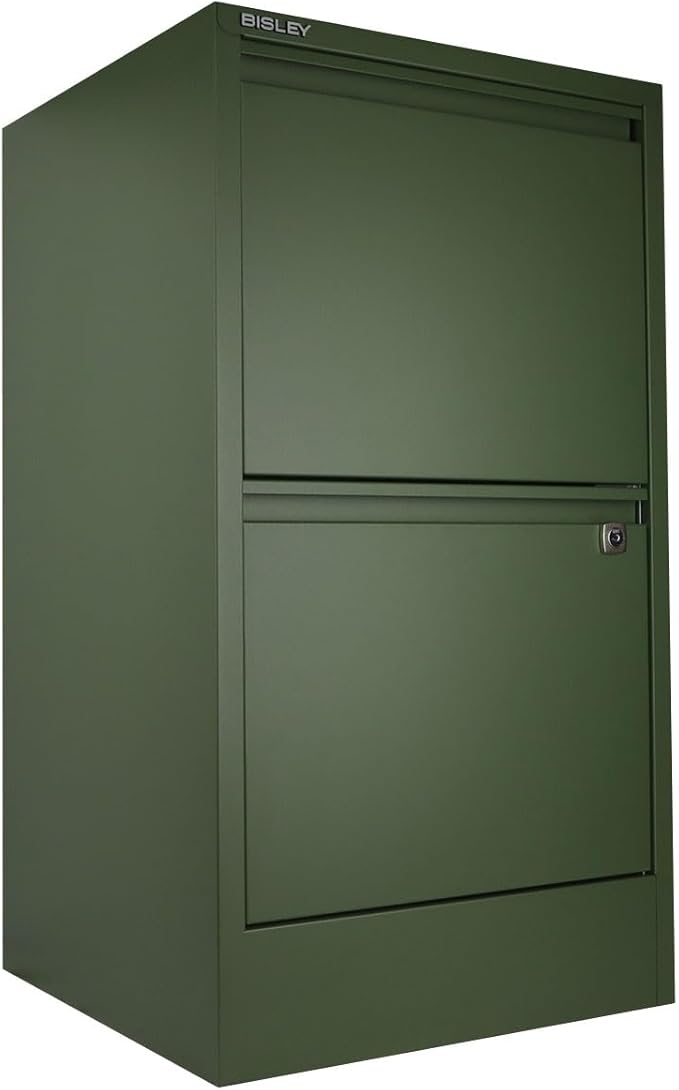 Bisley 2-Drawer Flush Front Vertical File Cabinet - Olive Green 2 Hanging File Drawers Powder-Coated Steel Locking Drawers