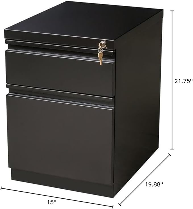 Pemberly Row Mobile Pedestal Filing Cabinet 2-Drawer Box/File 20 D Metal Construction Black Finish Hidden Casters Lockable Full Extension Drawers Fits Under Work Surface Office Storage