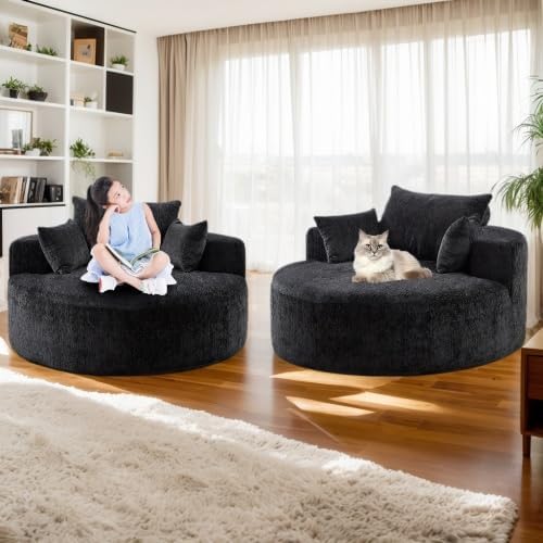 Oversized Round Chaise Lounge Chair Indoor 55'' Chenille Deep Seat Circle Single Floor Sofa Chairs Modern Upholstered Sponge Armchair Cloud Sleeper Chair for Living Room Bedroom Apartment Black