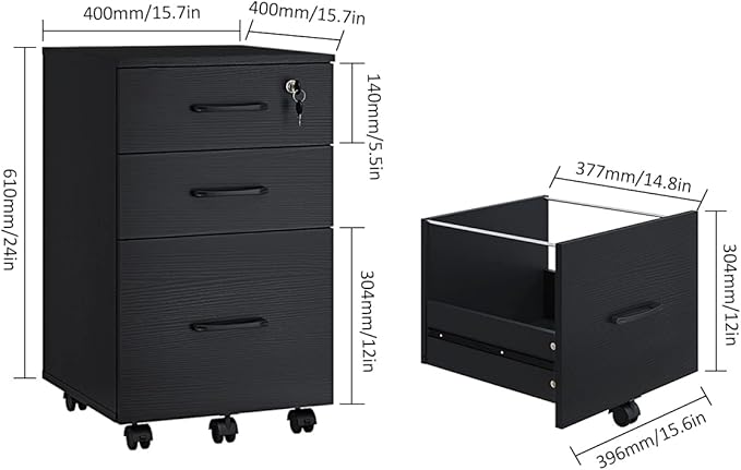 Panana 3 Drawer Wood Mobile File Cabinet Under Desk Storage Drawers Small File Cabinet for Home Office (Black)
