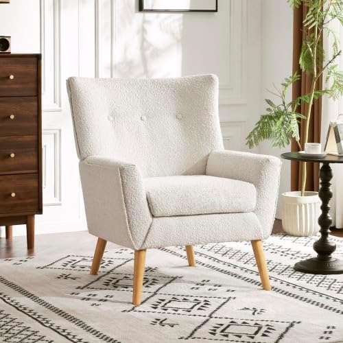 Modern Cozy Vanity Chair with rubber wood Legs Boucle Fabric Armchair with Removable Seat Cushion for Living Room Bedroom Office Guest Room Makeup Room Almond