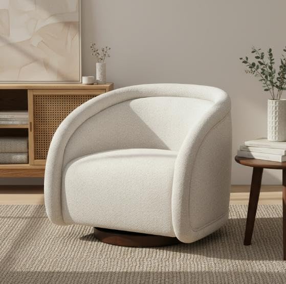 Scott Living Sabbo Beige Bouclé Swivel Chair with Walnut-Finished Solid Wood Base Comfy Swivel Accent Chair Upholstered Lounge Sofa Chair for Living Room/Bedroom Beige + Walnut