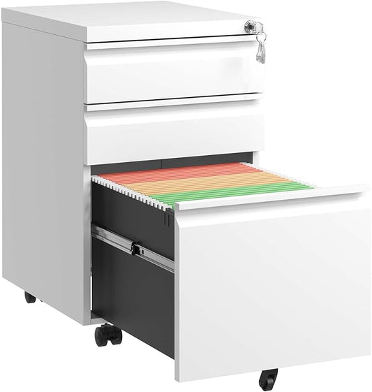 Fully Assembled File Cabinet Under Desk Storage Drawers 3 Drawer Mobile Printer Stand with Lock and Wheels Metal Filing Cabinet for Office with 2 Keys for Legal/Letter/A4 Size White