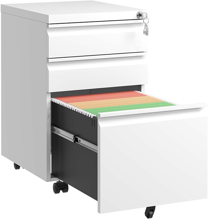 White 3 Drawer Mobile File Cabinet with Lock Under Desk Storage Metal Filing Cabinets for Home Office Organizer Letters/Legal/A4 Fully Assembled (White)
