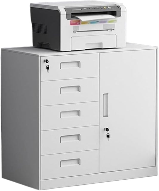 File Cabinet Steel File Cabinet 5 Drawer with Lock Vertical Filing Cabinet Printer Shelf Under Desk Storage(Color:White Ordinary Style)