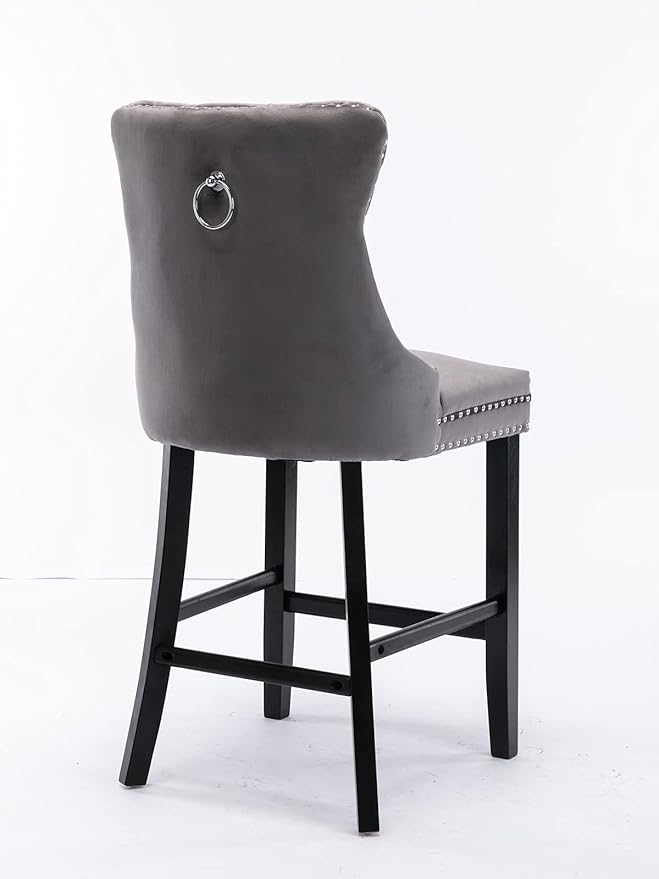 Modern Upholstered BarstoolsVelvet Bar ChairsSet of 2Wooden LegsLeisure Style Bar ChairsHigh Backrest ChairKitchen Island Chairs for CafesLiving RoomKitchenBarGray