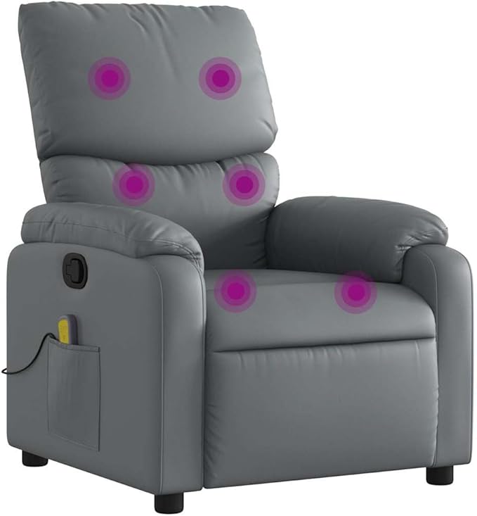 vidaXL Leather Massage Recliner Chair for Living Room Home Theater 6-Point Vibration Massage Adjustable Back &amp Footrest Side Pocket Gray