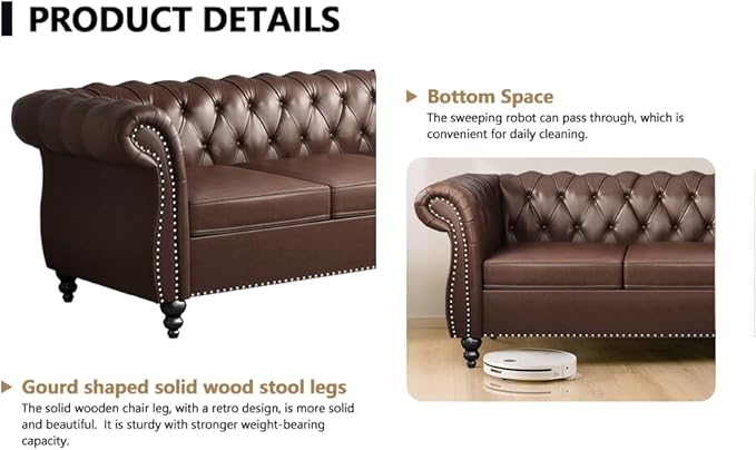 Chesterfield Three Seater Sofa Mid-Century Modern Faux Leather 3-Seater Upholstered Couch Tufted Living Room Sofa with 2 Pillows and Button Nailhead Brown