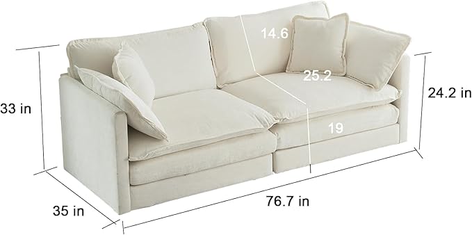 76.7 Loveseat Sofa Couch for Living Room 2 Seat Sectional Couch Cloud Sofa with Thickened Cushion &amp 4 Pillows for Small Spare ApartmentChenille Fabric Cream White