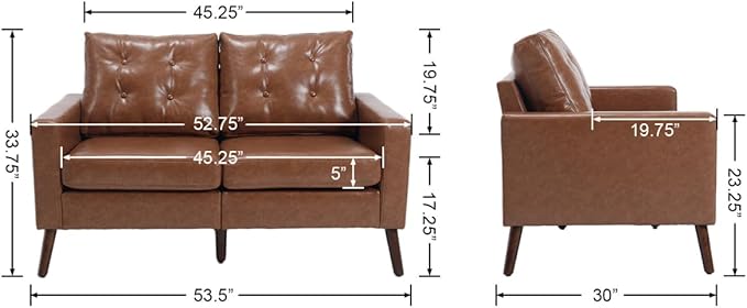 Wahson 53 Wide Loveseat with Armrest Upholstered 2-Seater Tufted PU Leather Double Sofa Mini Sofa with Wooden Legs Mid Century Modern Couch for Bedroom/Living Room Brown