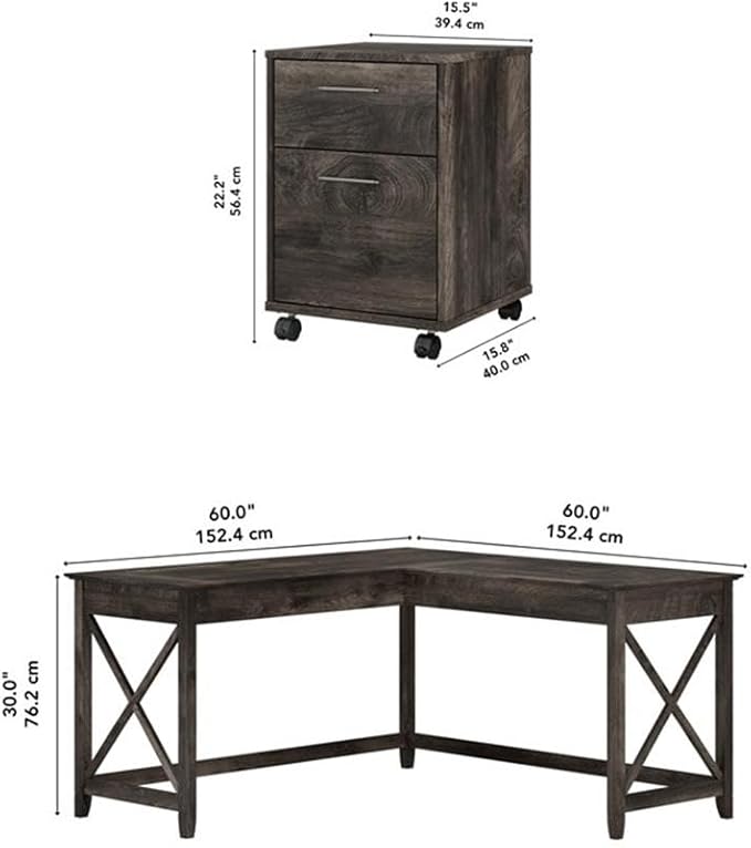Bush Furniture L Shaped Desk with Lateral File Cabinet | Key West Collection Corner Computer Table with Storage for Home Office with Filing Unit | 60Wx60Dx30H