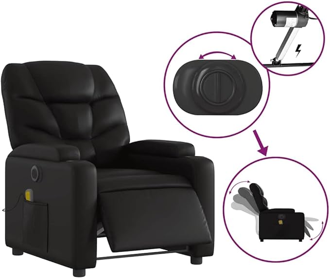 Electric Massage Recliner Chair Black Faux Leather 6-Point Vibration USB Power Adjustable Reclining Sofa for Living Room Comfortable Reading Lounge