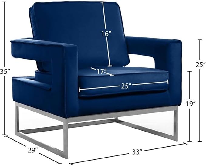 Pemberly Row Upholstered Navy Velvet Accent Chair Contemporary Design Stainless Steel Legs with Chrome Finish Solid Wood Frame High-Density Foam Seat 33.5 W x 29.5 D x 35.5 H Living Room