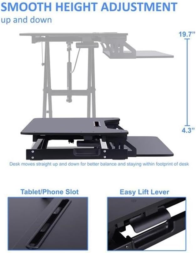 Pemberly Row Standing Desk Converter Adjustable Height Riser Black MDF Surface 31.5 x 16.4 Desktop Includes Dual Monitor Arm &amp Tablet Holder Ergonomic Keyboard Tray Home Office Use