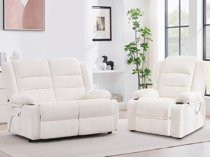 52Inch Power Loveseat ReclinerElectric Reclining Loveseat SofaAdjustable Love seat Recliner Sofa for Living RoomBedroom with Charging Ports(Striped White one seat+loveseat)