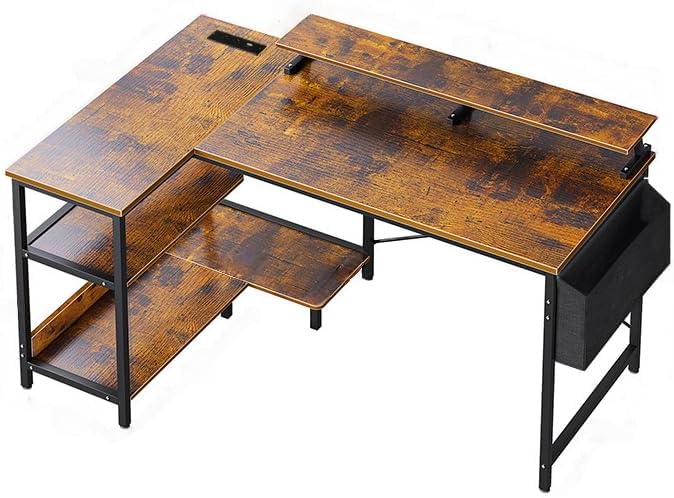 47'' L Shaped Gaming Desk with Power Outlets Reversible Corner Computer Desk with Monitor Stand Storage Shelves Side Bag Home Office Desks for Home Office Gaming (Black+Brown 47 Inch)