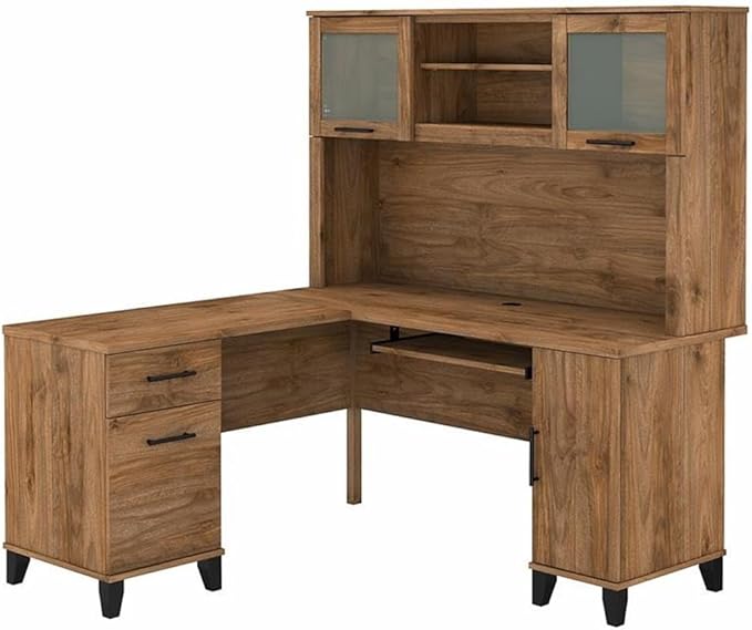 Pemberly Row 60W L Shaped Desk with Hutch Fresh Walnut Finish Engineered Wood Keyboard Tray Storage Cabinet File Drawer Adjustable Shelf Home Office Desk for Computer and Organization