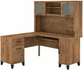 Pemberly Row 60W L Shaped Desk with Hutch Fresh Walnut Finish Engineered Wood Keyboard Tray Storage Cabinet File Drawer Adjustable Shelf Home Office Desk for Computer and Organization
