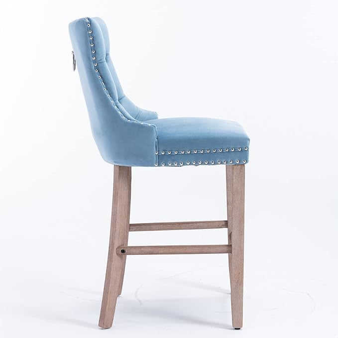 Modern Upholstered BarstoolsVelvet Bar ChairsSet of 2Wooden LegsLeisure Style Bar ChairsHigh Backrest ChairKitchen Island Chairs for CafesLiving RoomKitchenBarLight Blue