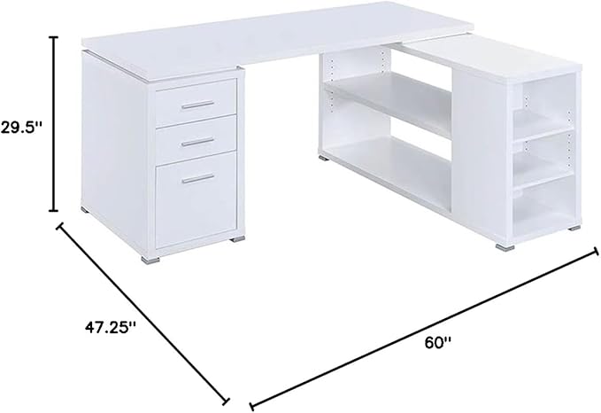 UrbanPro L-Shaped Wood Writing Desk 60 W x 47.25 D x 29.5 H White/Silver Finish MDF and Laminate Construction 3 Drawers with File Cabinet Open Shelves Reversible Home Office Desk
