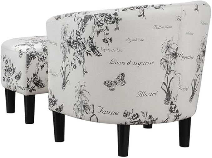 Pemberly Row Accent Chair with Ottoman White Polyester Fabric with Black Botanical Print High-Density Foam Cushions Solid Rubberwood Legs Barrel Design for Living Room or Small Space Use