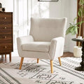 Modern Cozy Vanity Chair with rubber wood Legs Boucle Fabric Armchair with Removable Seat Cushion for Living Room Bedroom Office Guest Room Makeup Room Almond
