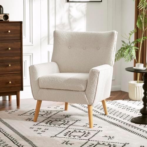Modern Cozy Vanity Chair with rubber wood Legs Boucle Fabric Armchair with Removable Seat Cushion for Living Room Bedroom Office Guest Room Makeup Room Almond