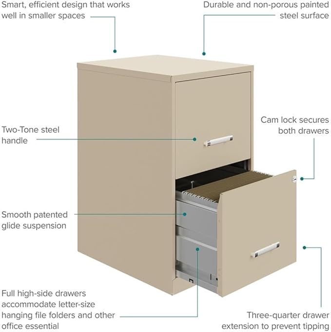 Pemberly Row 2-Drawer Metal Filing Cabinet 18 Deep Putty/Beige Finish Letter-Size Hanging Files High-Side Drawers Cam Lock Security Glide Suspension Home or Office Storage Solution