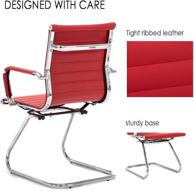HNY Leather Office Guest Chairs &amp Reception Chairs Set of 4 Modern Waiting Room Chairs with Arms Desk Chair no Wheels with Sled Base for Waiting Room/Conference Room Burgundy