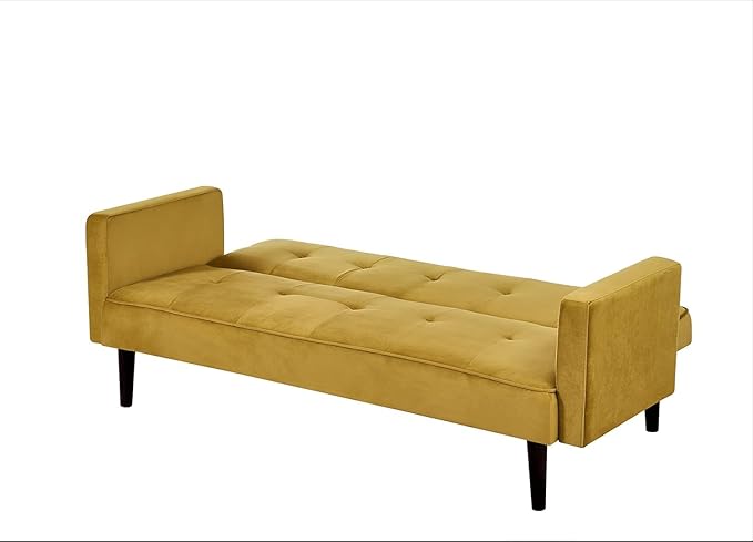 72 Velvet Convertible Sofa Bed - Retro Modern Folding Futon Sleeper w/Tufted Upholstery - Space-Saving Couch for Apartments/Dorms (72 x 34.6 x 30.25) Golden Yellow