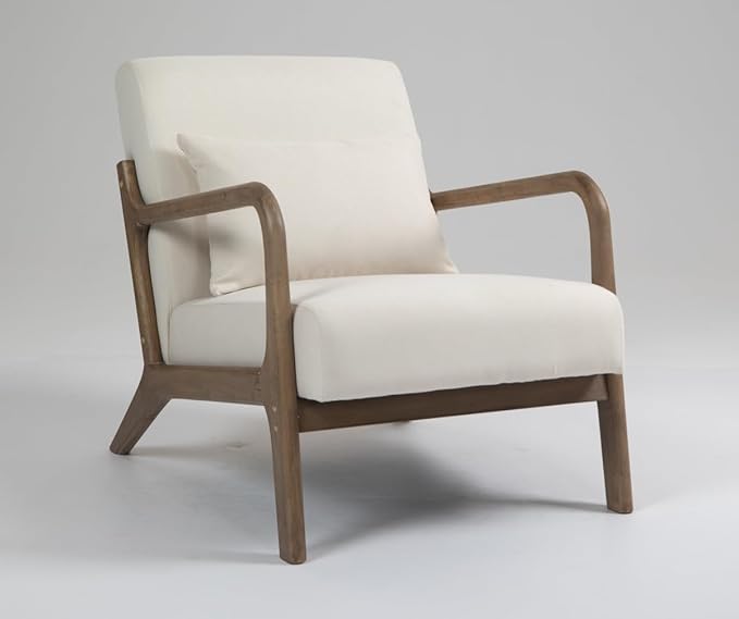 Mid Century Modern Accent Chair with Wood Frame Upholstered Living Room Chairs with Waist Cushion Reading Armchair for Bedroom Sunroom
