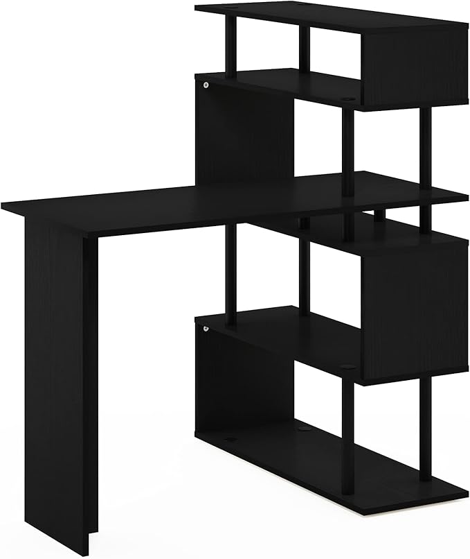 Furinno Classic Desk 40 Wide L-Shape Gaming Desk Computer Desk Writing Desk with 5-Tier S-Shaped Side Shelves for Home Office Study Room Dorm Bedroom Americano
