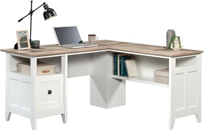 Pemberly Row L-Shaped Engineered Wood Computer Desk Glacier White Finish File Drawer Grommet Holes Cord Management Lower Shelf Modern Farmhouse Home Office Desk