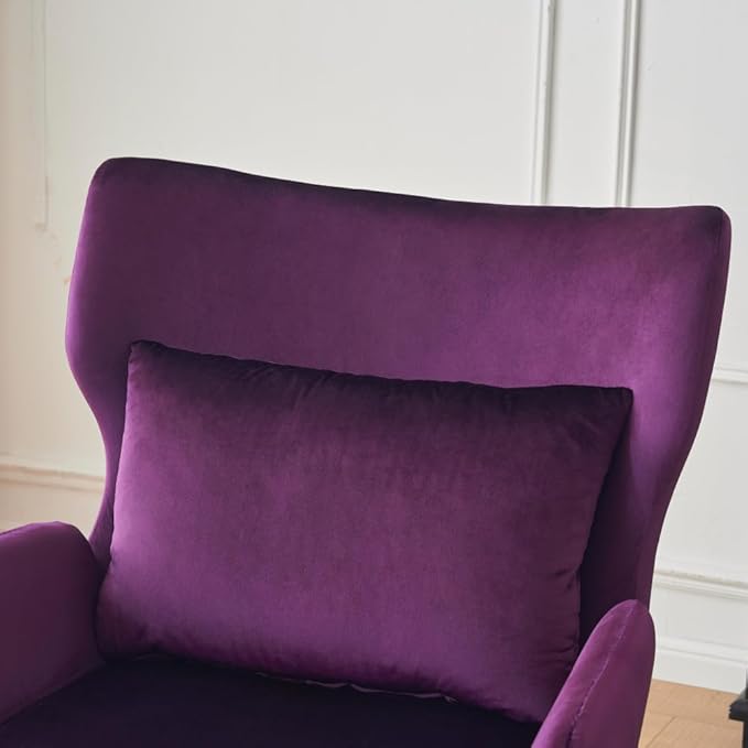 Chair reclinerWingback Velvet Accent Chair Modern Upholstered Armchair for Living Room Bedroom and Reception Area Comfortable Single Sofa Chair with Metal Legs and Pillow (Purple + Velvet)
