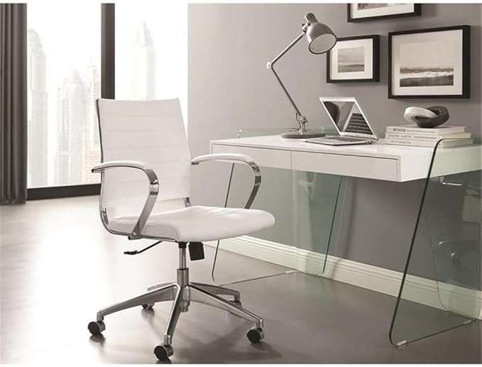 Pemberly Row Modern Engineered Wood Office Desk 47 W x 23 D x 31 H High Gloss White 2 Soft-Close Drawers Clear Glass Detail Contemporary Home Office Desk for Workspace Organization