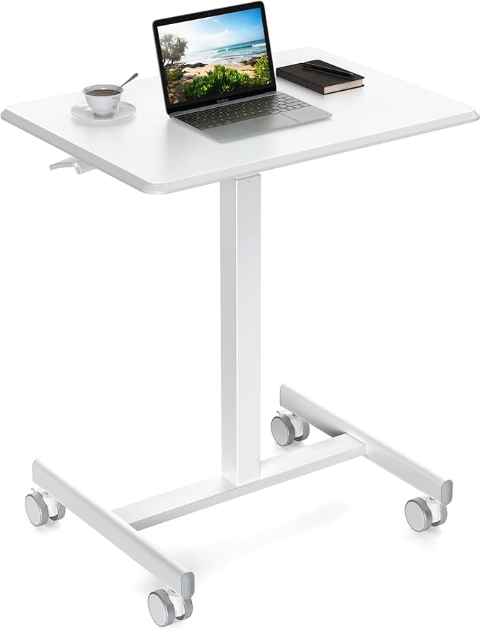 DUMOS Small Standing Desk Mobile Portable Rolling Laptop PC Table on Wheels Adjustable Height Computer Workstation for Home Office 19 Inch Modern White