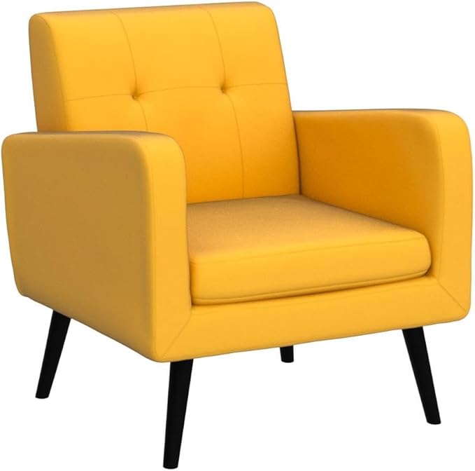 S AFSTAR Modern Upholstered Armchair Mid-Century Fabric Accent Chair with Rubber Wood Legs Leisure Lounge Chairs Living Room Furniture (2 Yellow)