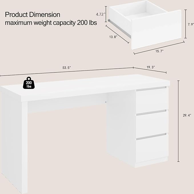 Desk with Drawers White Computer Desk with 3 Drawer Small Space Writing Desk with Drawers for Home Office Modern Simple Design 53.3 Inch