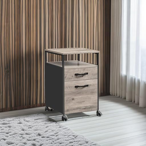 VASAGLE File Cabinet Mobile Filing Cabinet with Wheels 2 Drawers Open Shelf for A4 Letter Size Hanging File Folders Heather Greige and Ink Black UOFC071B02