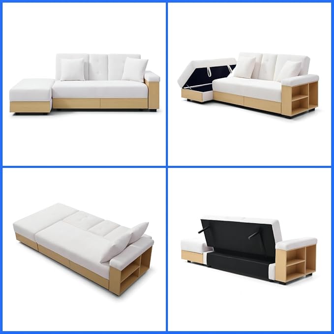 Sofa 84.65 Convertible Sofa Bed with Storage Ottoman Adjustable Armrest &amp Coffee Table - Perfect for Small Apartments 2 Drawers Soft Cotton Linen Fabric Solid Wood FrameBeige