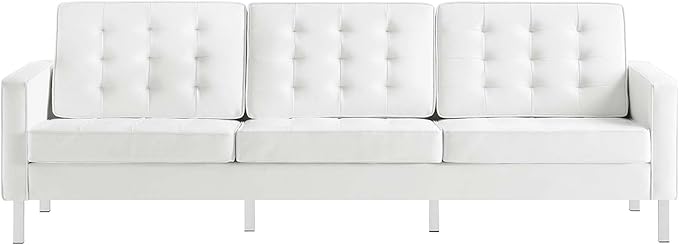 Modway Loft Tufted Button Faux Leather Upholstered Sofa in Silver White